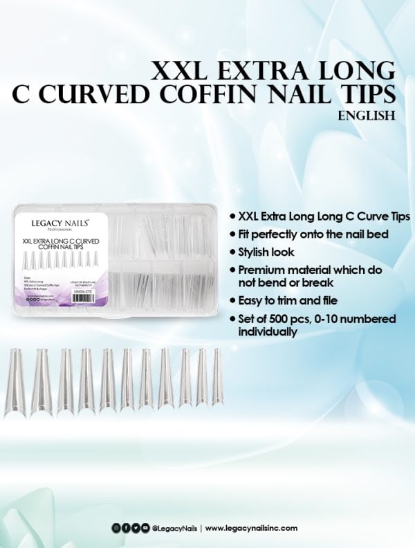 XXL EXTRA LONG C CURVED COFFIN NAIL TIPS - CLEAR - Image 2