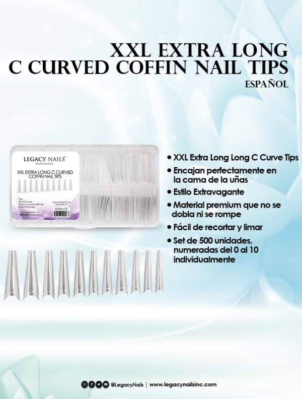XXL EXTRA LONG C CURVED COFFIN NAIL TIPS - CLEAR - Image 3