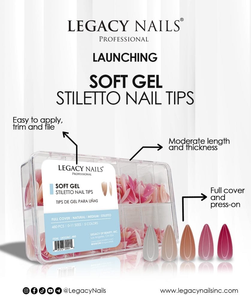 Elevate your style with the latest nail innovation! Launching LEGACY NAILS' Soft Gel Medium Stiletto Nail Tips. 3 Soft Gel nail tips 03 Ingles 1