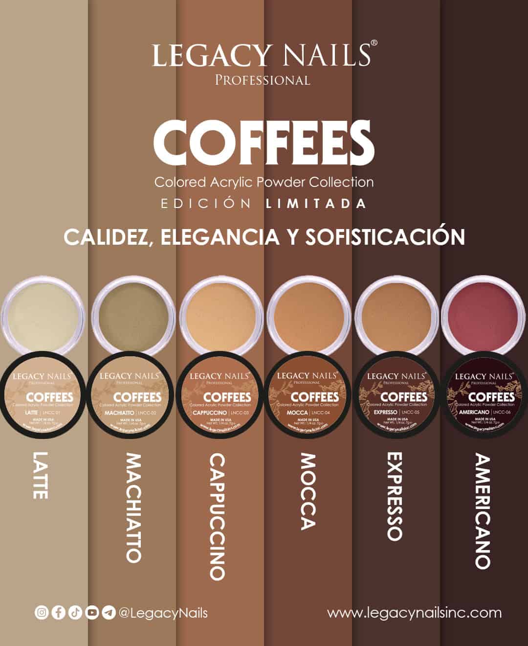 ¡Sumérgete en el Encanto Cafetero! Explora la Colección “Coffees Collection” de Polvos Acrílicos para Uñas en Tonos de Café